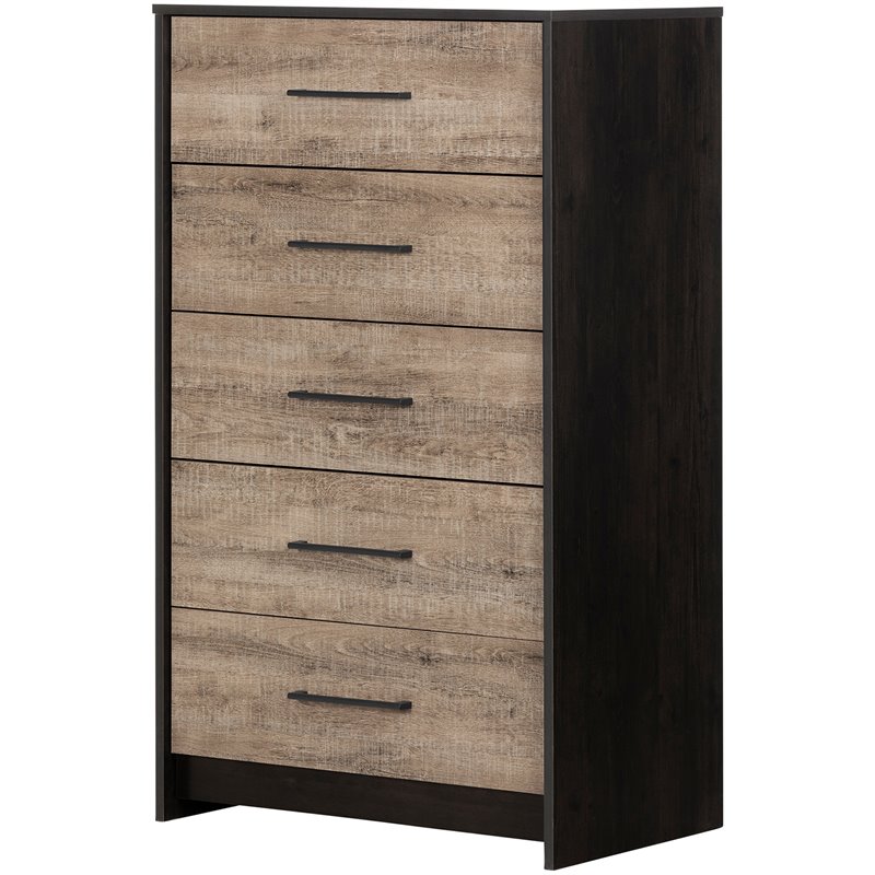Pemberly Row Modern 5 Drawer Chest in Weathered Oak and Ebony