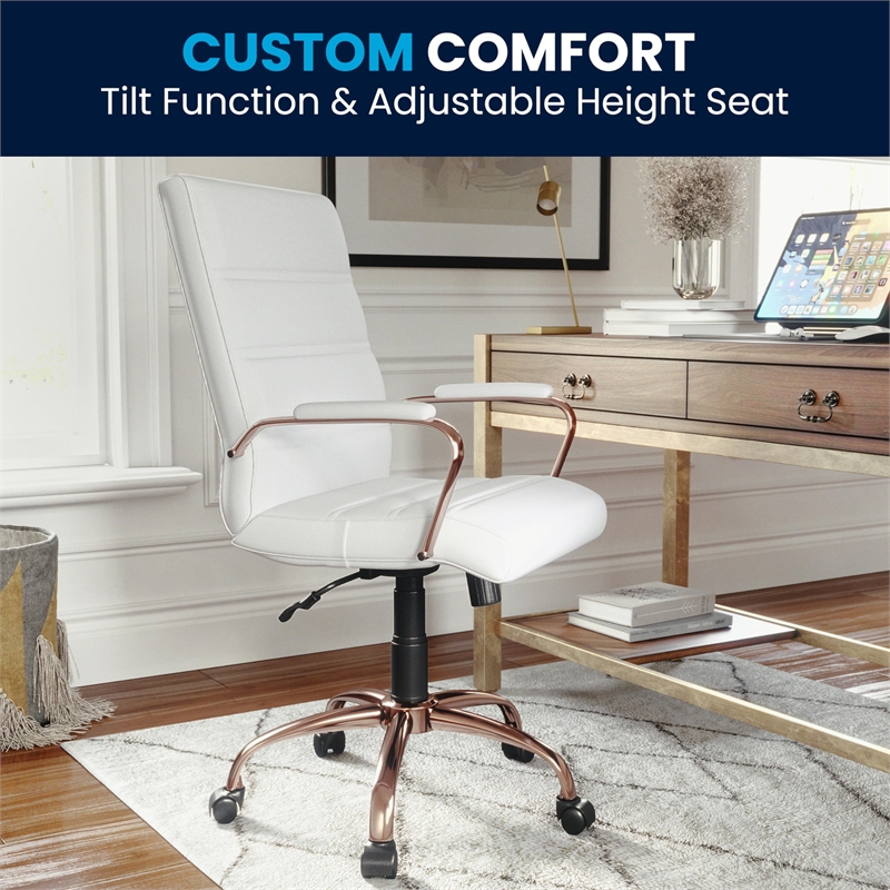 Pemberly Row Mid Back Leather Office Swivel Chair in White and Rose Gold