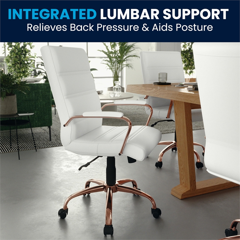 Pemberly Row Mid Back Leather Office Swivel Chair in White and Rose Gold