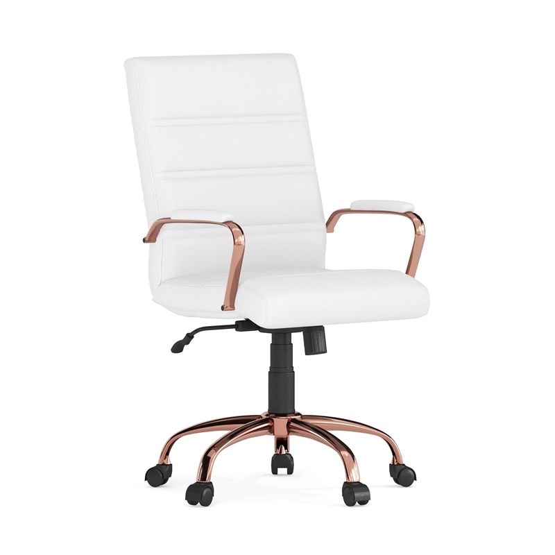 Pemberly Row Mid Back Leather Office Swivel Chair in White and Rose Gold