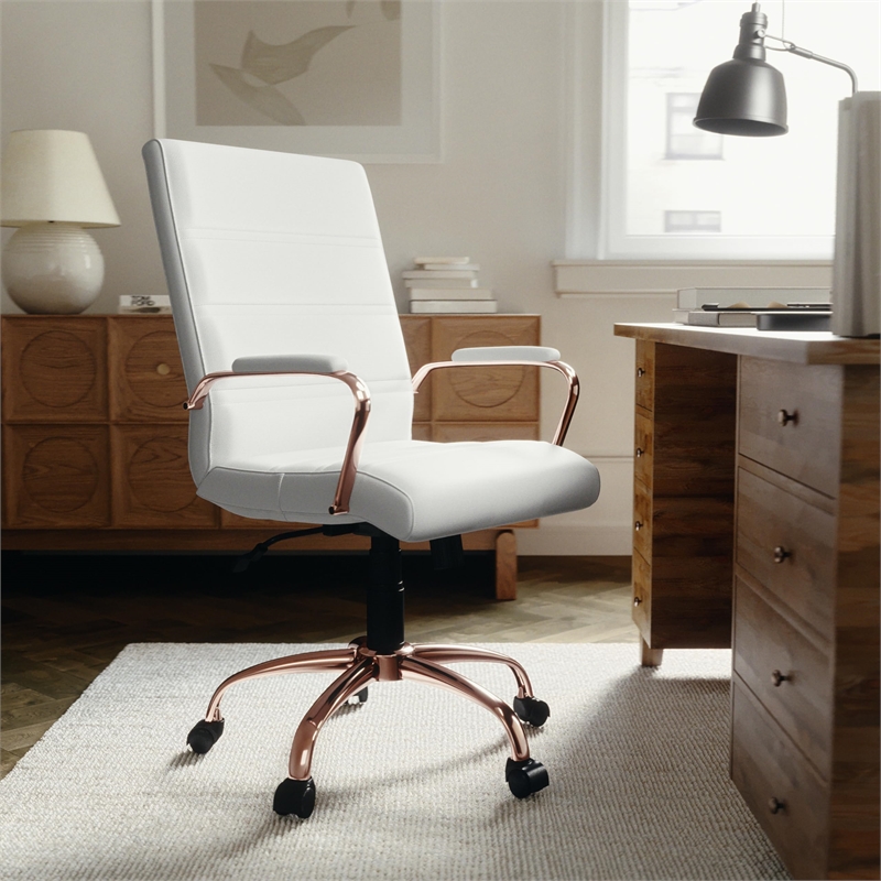 Pemberly Row Mid Back Leather Office Swivel Chair in White and Rose Gold