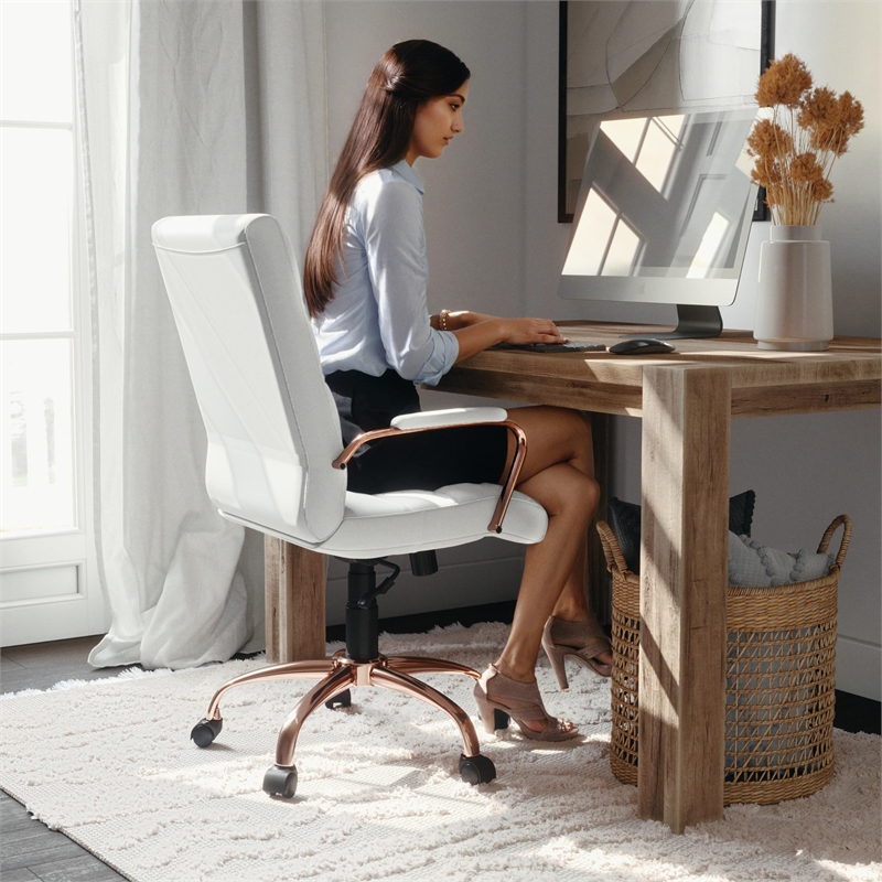 Pemberly Row Mid Back Leather Office Swivel Chair in White and Rose Gold