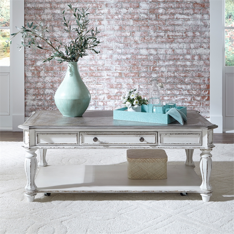 Pemberly Row Magnolia Manor White 3 Piece Set (1-Cocktail 2-End Tables)