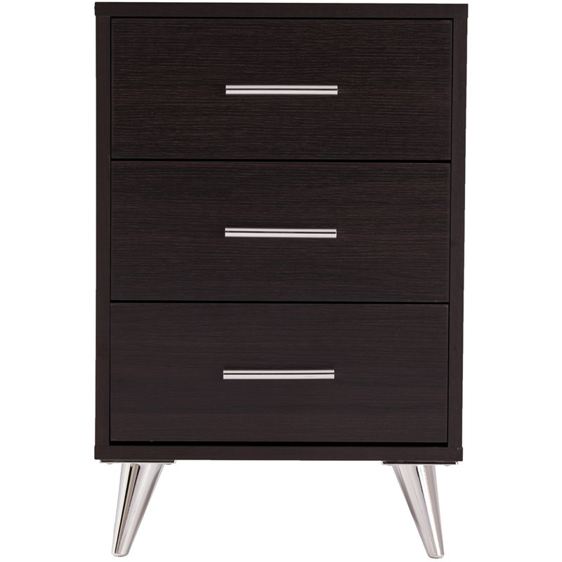 Pemberly Row Contemporary 3 Drawer Nightstand in Ebony and Chrome