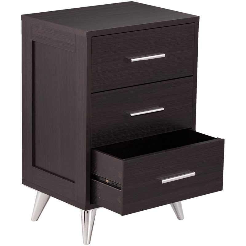 Pemberly Row Contemporary 3 Drawer Nightstand in Ebony and Chrome