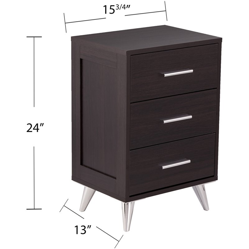 Pemberly Row Contemporary 3 Drawer Nightstand in Ebony and Chrome