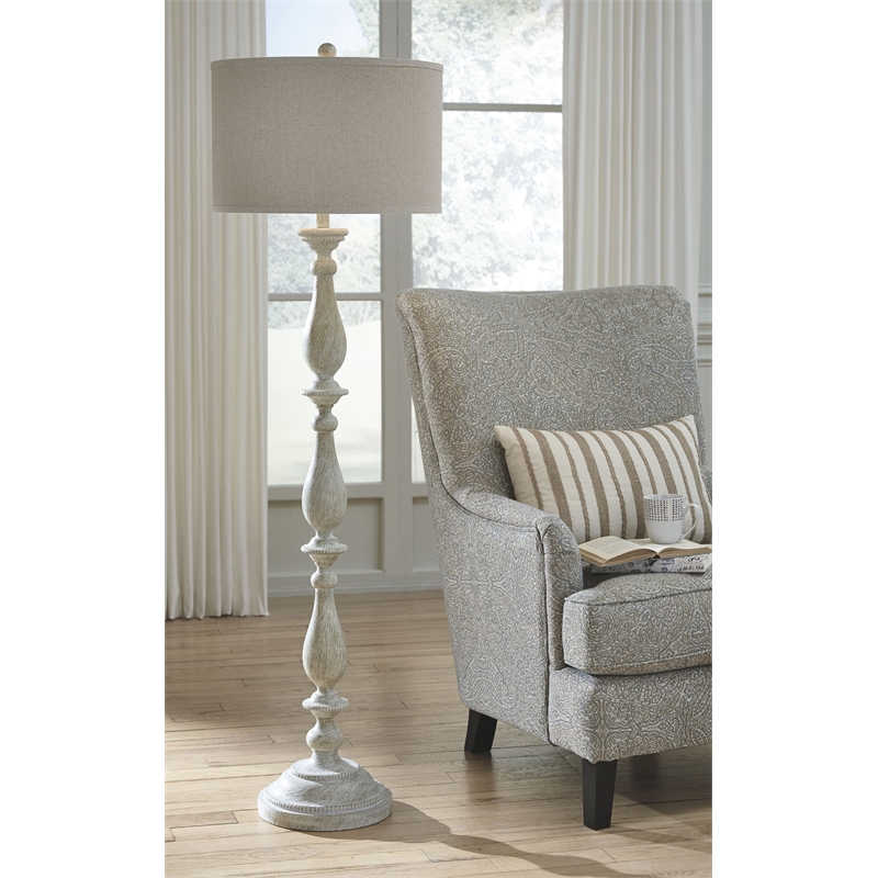 Pemberly Row Modern Resin Floor Lamp w/Fabric Shade in White Wash