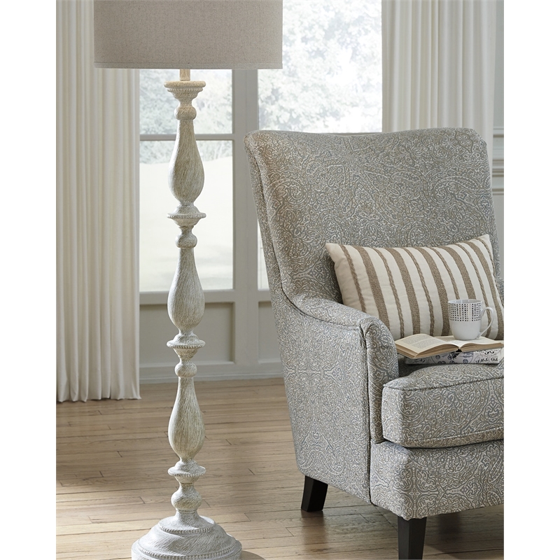 Pemberly Row Modern Resin Floor Lamp w/Fabric Shade in White Wash
