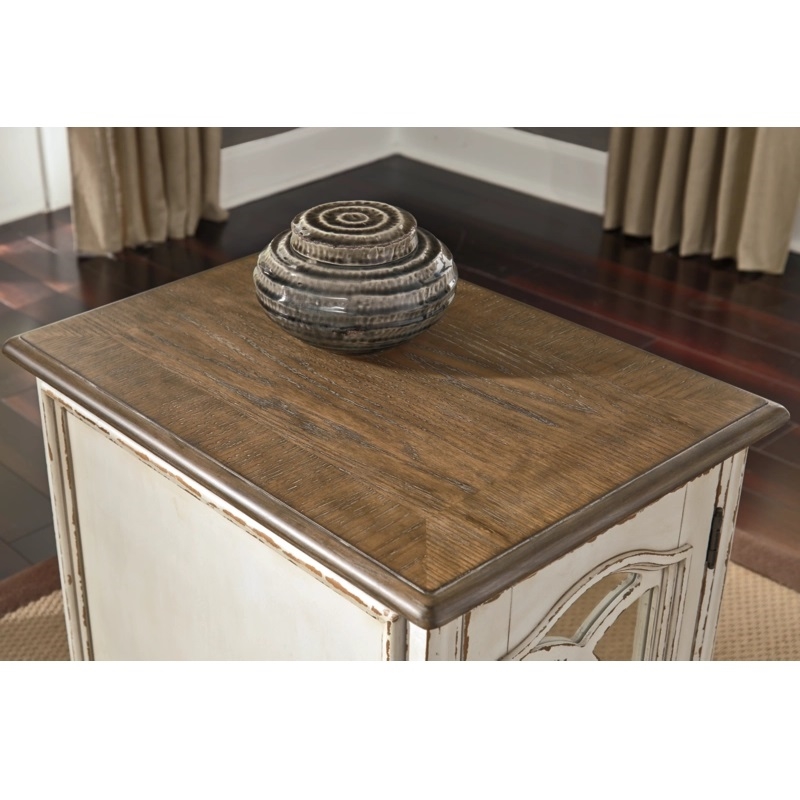 Pemberly Row Mirrored Storage End Table in Chipped White/Brown