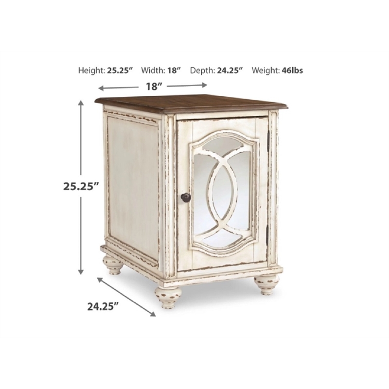 Pemberly Row Mirrored Storage End Table in Chipped White/Brown