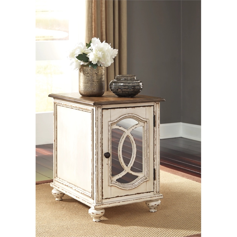 Pemberly Row Mirrored Storage End Table in Chipped White/Brown