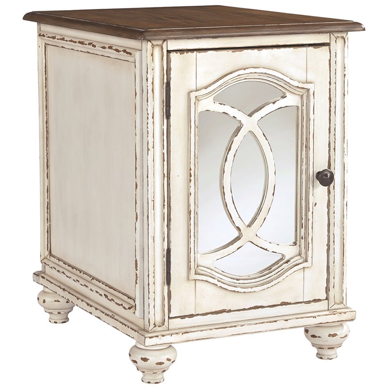Pemberly Row Mirrored Storage End Table in Chipped White/Brown