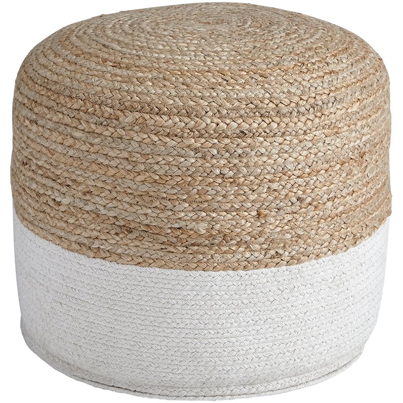 Pemberly Row Contemporary Braided Round Pouf in Natural and White