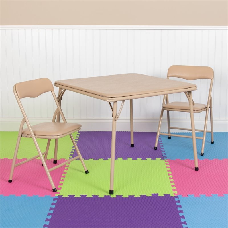 Pemberly Row 3 Piece Square Faux Leather Top Kids Folding Table Set in Tan