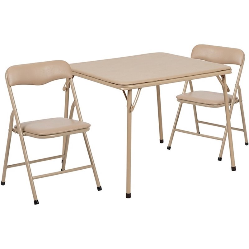 Pemberly Row 3 Piece Square Faux Leather Top Kids Folding Table Set in Tan