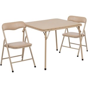 Pemberly Row 3 Piece Square Faux Leather Top Kids Folding Table Set in Tan