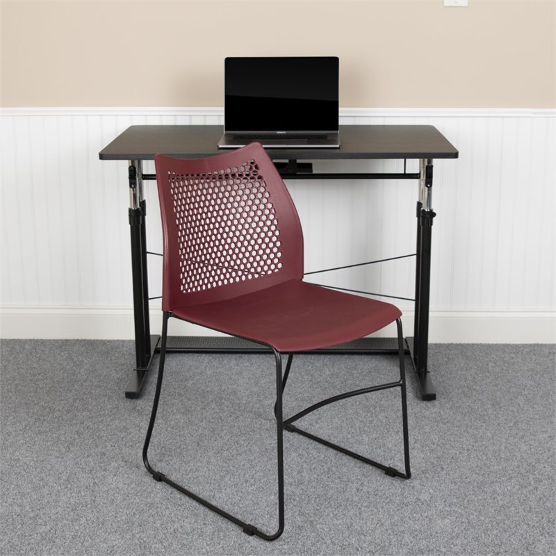 Pemberly Row Perforated Plastic Sled Base Stacking Chair in Burgundy