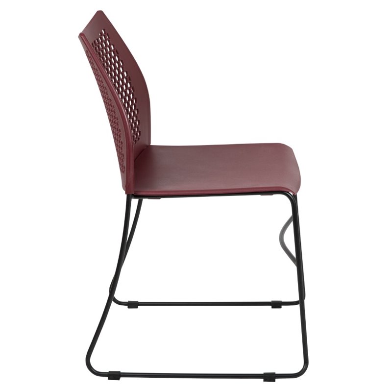Pemberly Row Perforated Plastic Sled Base Stacking Chair in Burgundy
