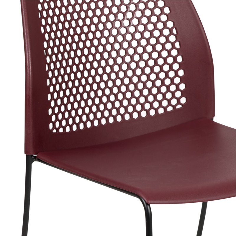 Pemberly Row Perforated Plastic Sled Base Stacking Chair in Burgundy