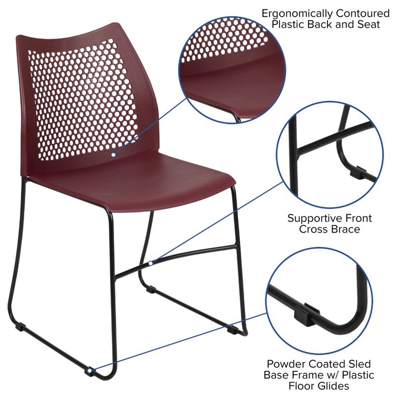 Pemberly Row Perforated Plastic Sled Base Stacking Chair in Burgundy