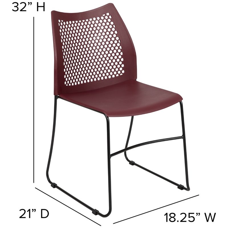 Pemberly Row Perforated Plastic Sled Base Stacking Chair in Burgundy