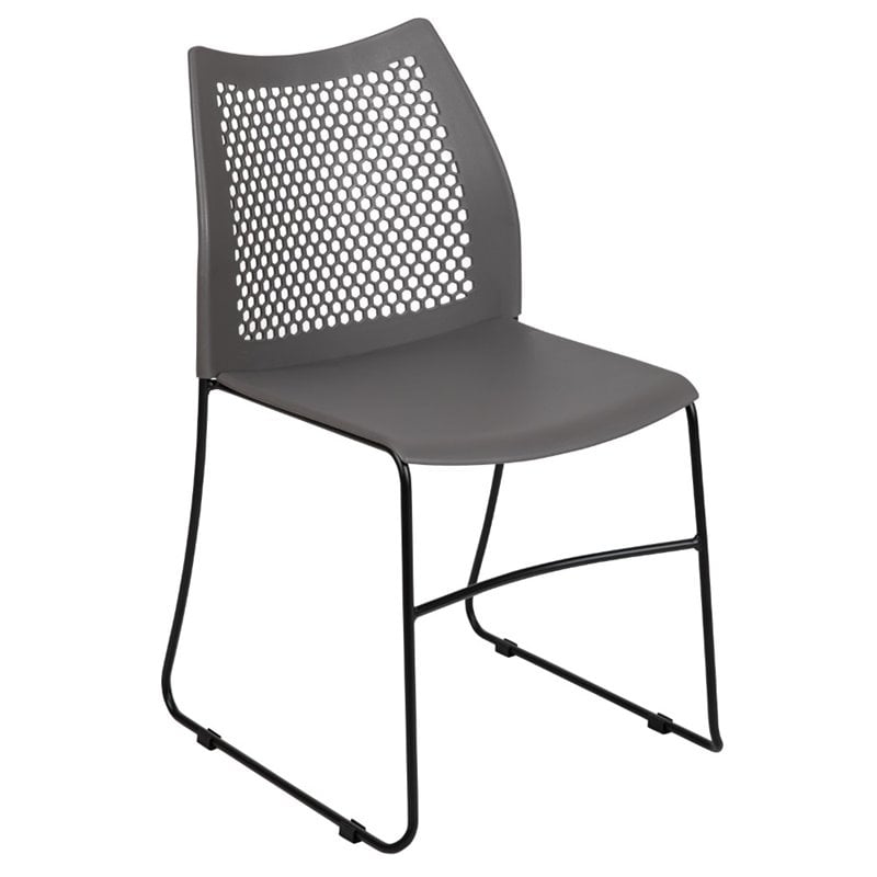 Pemberly Row Perforated Plastic Sled Base Stacking Chair in Gray