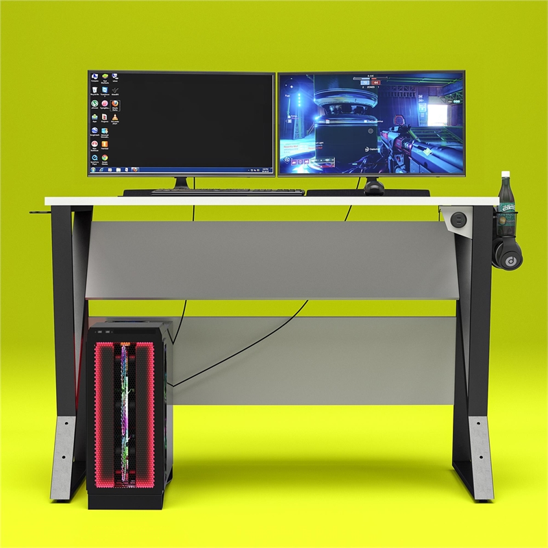 Pemberly Row Modern / Contemporary Adjustable Gaming Desk in White