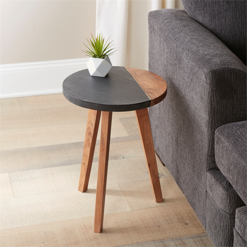 Pemberly Row Slate/Natural Matte Finish Round Accent End Table w/ Brown detail