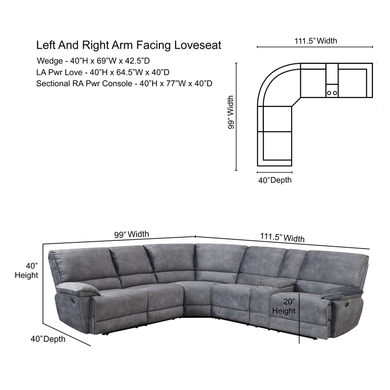Pemberly Row Smoked Gray Polyester Fabric Power Reclining Sectional