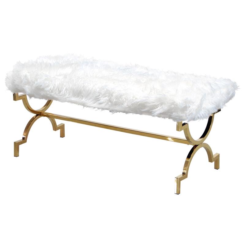 Pemberly Row Faux Fur Upholstered Bench with Stainless Steel Frame in White/Gold