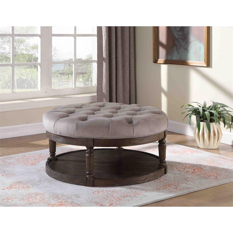 Pemberly Row Linen Fabric Upholstered Round Ottoman in Otter/Smoked Rustic Gray