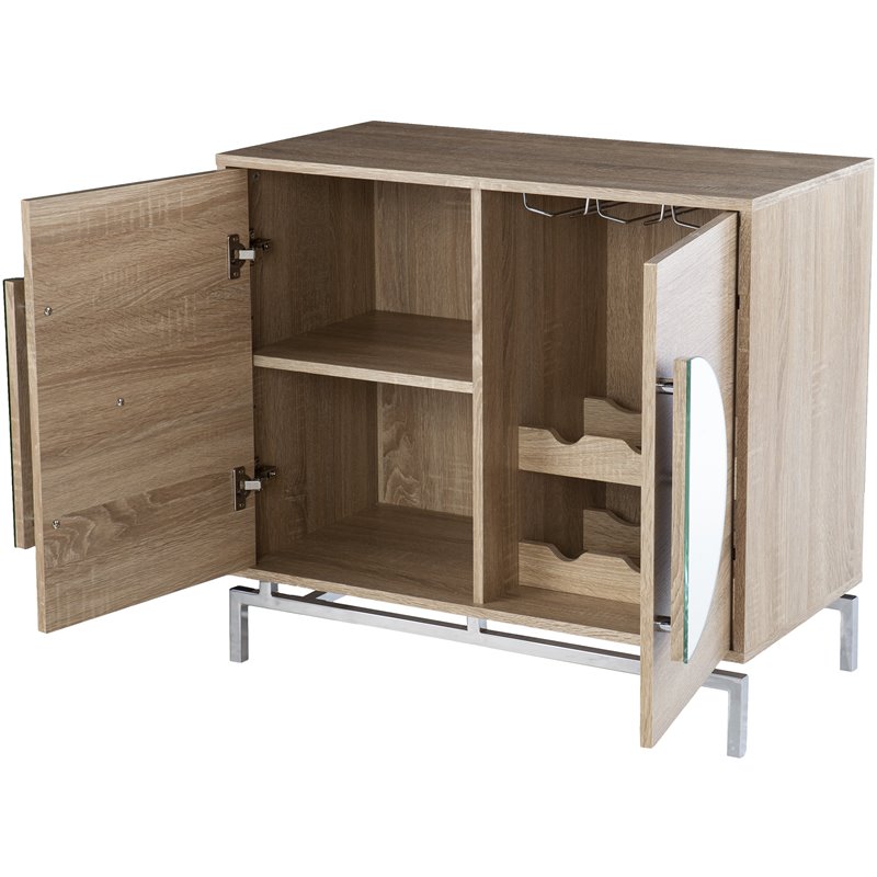 Pemberly Row Modern Mirror Panel Wooden Bar Cabinet in Natural