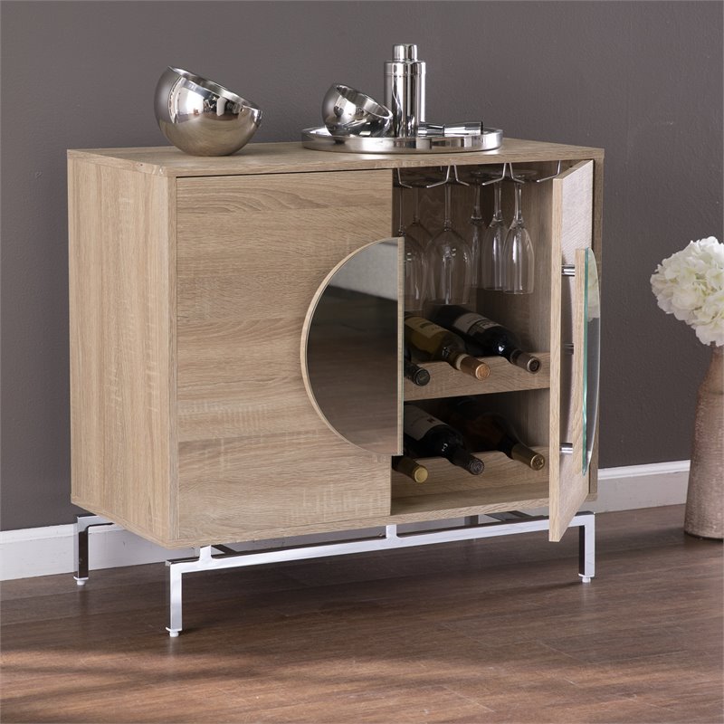 Pemberly Row Modern Mirror Panel Wooden Bar Cabinet in Natural