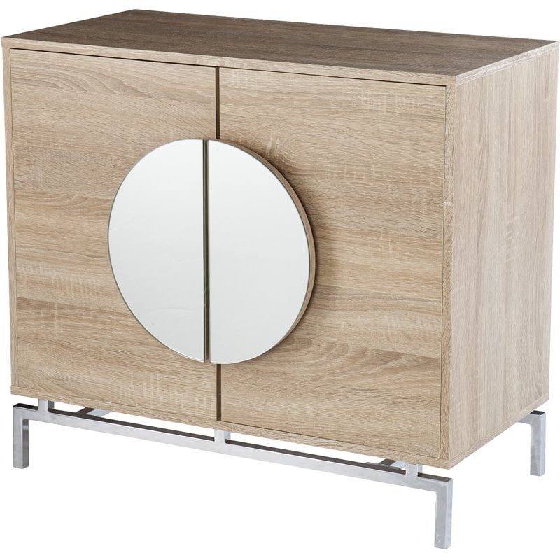 Pemberly Row Modern Mirror Panel Wooden Bar Cabinet in Natural