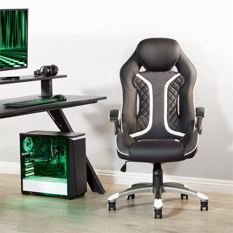 Pemberly Row Gaming Chair in Black Faux Leather with White Accents