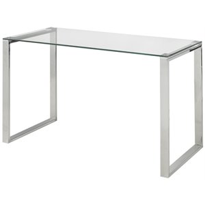 Pemberly Row Modern Transitional Glass Top Writing Desk in Silver