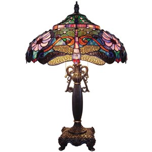 Pemberly Row Tiffany-style 2 Light Dragonfly Table Lamp 19&quot Shade