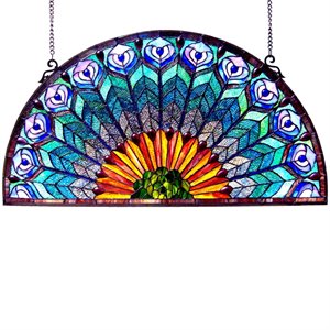 Pemberly Row Tiffany-style Peacock Feather Glass Window Panel 35x18