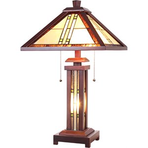 Pemberly Row Tiffany-style Mission 3 Light Double Lit Wood Table Lamp 15&quot Shade