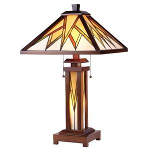 Pemberly Row Tiffany Mission 3 Light Double Lit Wooden Table Lamp 15&quot Shade