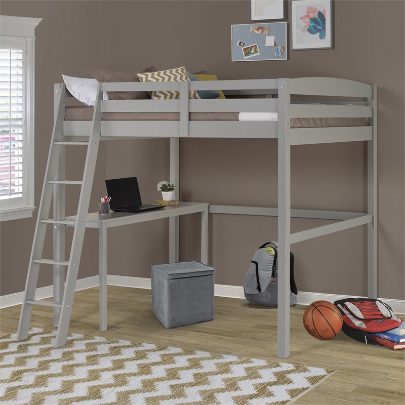 Pemberly Row Solid Pine Wood High Loft Bed Full with Desk in Gray