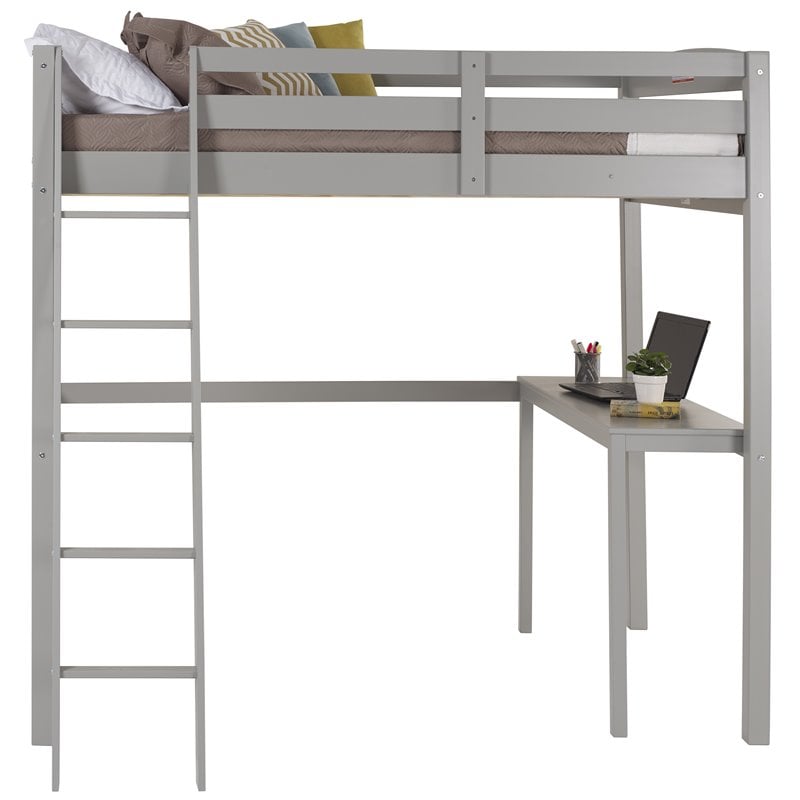 Pemberly Row Solid Pine Wood High Loft Bed Full with Desk in Gray