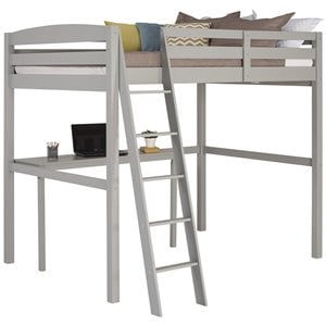 Pemberly Row Solid Pine Wood High Loft Bed Full with Desk in Gray