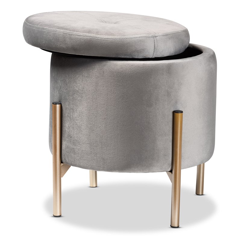Pemberly Row Gray Velvet and Gold Finished Metal Storage Ottoman