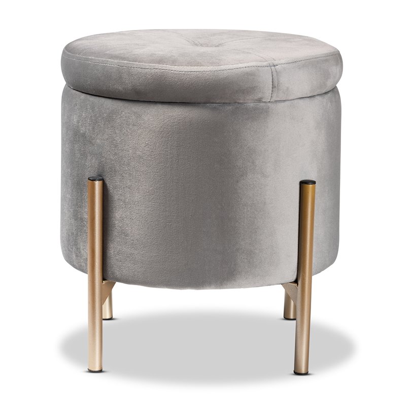 Pemberly Row Gray Velvet and Gold Finished Metal Storage Ottoman