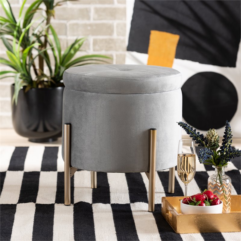 Pemberly Row Gray Velvet and Gold Finished Metal Storage Ottoman