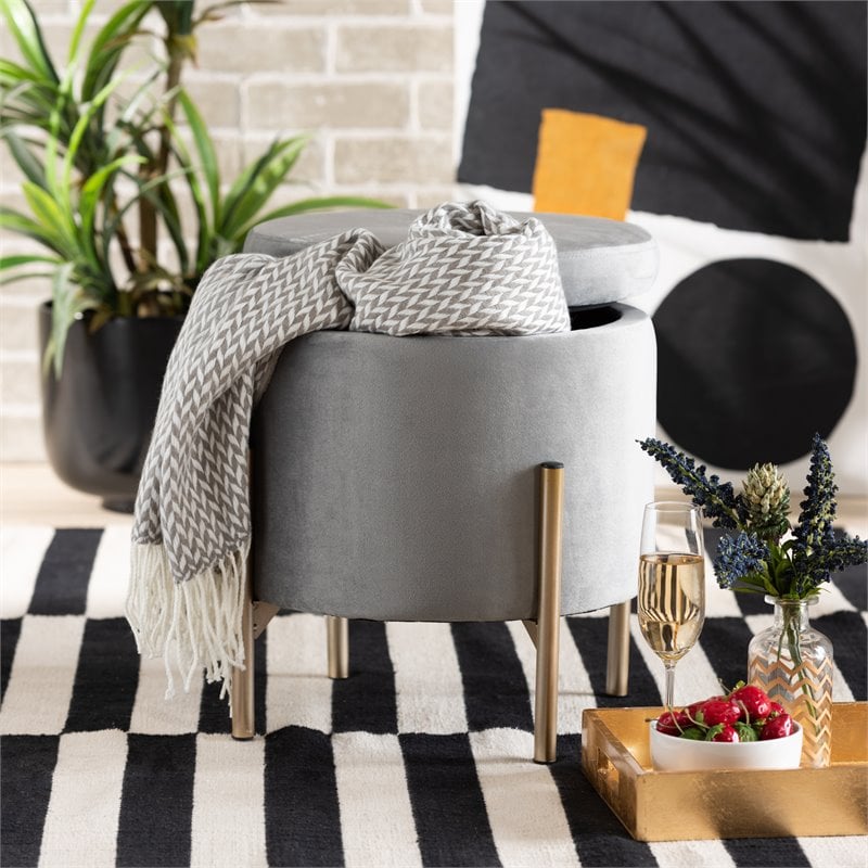 Pemberly Row Gray Velvet and Gold Finished Metal Storage Ottoman