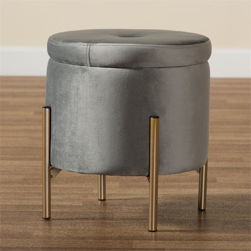 Pemberly Row Gray Velvet and Gold Finished Metal Storage Ottoman