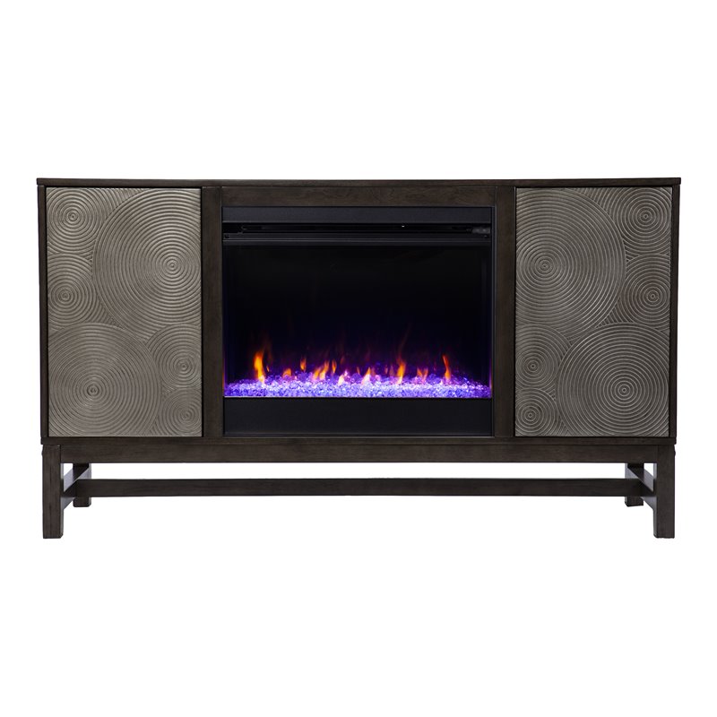 Pemberly Row Color Changing Fireplace with Media Storage in Brown/Antique Silver