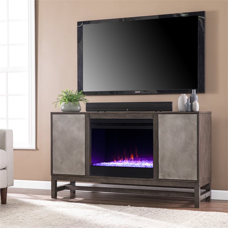 Pemberly Row Color Changing Fireplace with Media Storage in Brown/Antique Silver